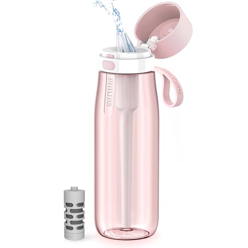 PHILIPS Filtered Water Bottle, BPA-Free Tritan Plastic Water Bottles, Replaces 450 Plastic Water Bottle with Reusable GoZero Everyday Water Filter, Portable Filtering Bottle for Travel, 22 oz, Pink