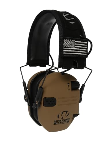 Walker's Razor Slim Ultra Low Profile Compact Design Adjustable Range Shooting Hunting Hearing Protection Electronic Earmuffs, Battle Brown - Patriot Series