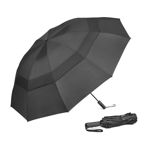 G4Free 46 Inch Travel Umbrella Large Compact Golf Umbrella Windproof 10 Ribs Reverse Umbrella for Rain Double Canopy Vented Umbrella Automatic Open Close (Black)