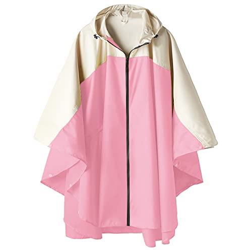 SaphiRose Unisex Rain Poncho Hooded Waterproof Raincoat for Adults Women (Pink-White)