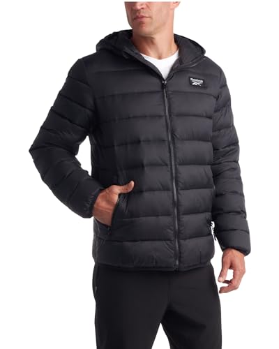 Reebok Men's Jacket – Lightweight Hooded Quilted Puffer Coat – Warm Insulated Winter Jacket for Men (S-4X), Size Large, Black