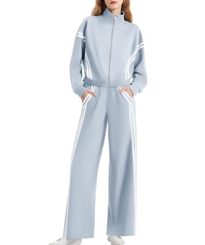 Casly Lamiit Sweat Suit for Women 2 Piece Set 2024 Trendy Travel Airport Outfits Zipper Track Jacket Sweatpants Tracksuit Casual Lounge Sets Tennis Golf Activewear Light Blue Petite XS