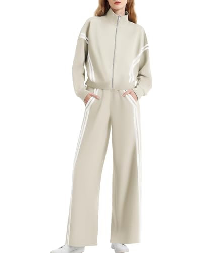 Casly Lamiit Lounge Sets for Women 2 Piece Outfits Fall Trendy Lightweight Jackets Baggy Wide Leg Pants Tracksuit Work Office Jogging Suit Sets Trip Outfits Apricot L