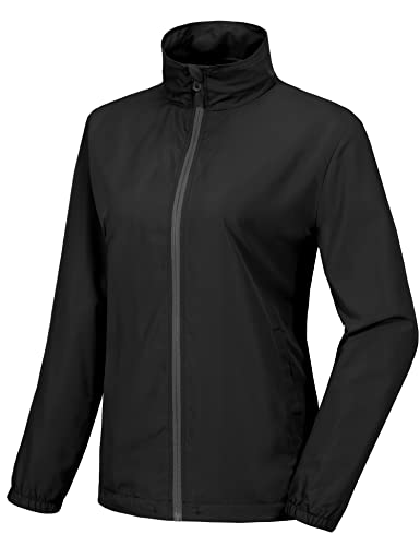 Little Donkey Andy Women’s Lightweight Breathable Running Golf Windbreaker Jacket Full Zip Windproof Water Repellent UPF50+ Black S