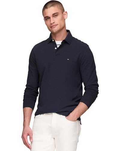 Tommy Hilfiger Men's Long Sleeve Polo Shirts in Regular Fit with Stretch and Organic Pique Cotton, Faded Indigo Heather