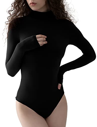 PUMIEY Long Sleeve Bodysuit For Women Mock Turtle Neck Sexy Tops Body Suits Women Clothing Jet Black Medium