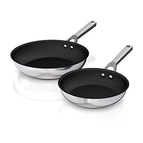 Ninja C62000 Foodi NeverStick Stainless 8-Inch & 10.25-Inch Fry Pan Set, Polished Stainless-Steel Exterior, Nonstick, Durable & Oven Safe to 500°F, Silver