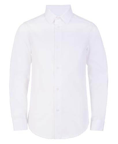 Calvin Klein Boys' Long Sleeve Slim Fit Dress Shirt, Button-Down Style with Buttoned Cuffs & Shirttail Hem, White, 12