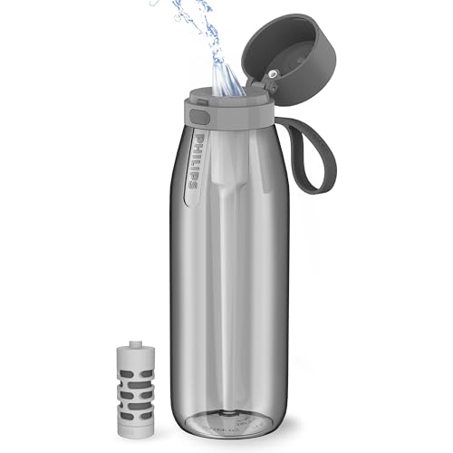 PHILIPS Filtered Water Bottle, BPA-Free Tritan Plastic Water Bottles, Replaces 450 Plastic Water Bottle with Reusable GoZero Everyday Water Filter, Portable Filtering Bottle for Travel, 36oz, Grey