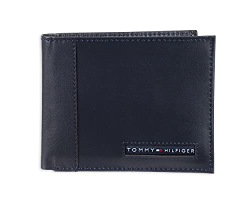 Tommy Hilfiger Men's Leather Wallet – Slim Bifold with 6 Credit Card Pockets and Removable ID Window, Navy Cambridge, One Size