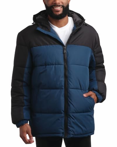 Perry Ellis Men's Jacket - Bubble Puffer Windbreaker Ski Jacket with Hood (Size: S-XXL), Size Small, Black/Titan