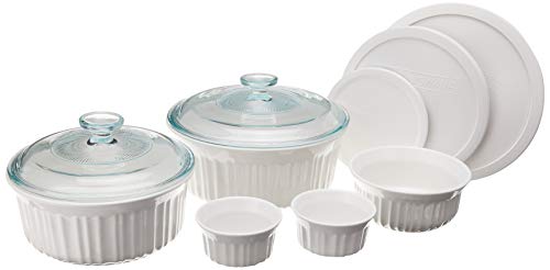 CorningWare French White 10-Pc Ceramic Bakeware Set with Lids, Chip and Crack Resistant Stoneware Baking Dish, Microwave, Dishwasher, Oven, Freezer and Fridge Safe