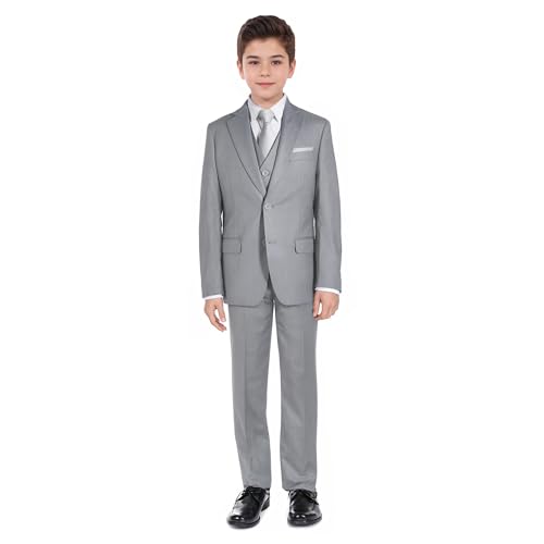 Marvelous World Boys Suits Light Gray Slim Fit Size 4 Formal Suits for Kids Toddler Tuxedos Dresswear Ring Bearer Outfit Boys' Wedding Suits Set Dress Clothes Teen Youth 5-Piece Adjustable Waist