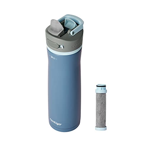 Contigo Wells Chill Stainless Steel Filter Water Bottle with AUTOSPOUT Straw Lid and Replacement Filter, 24 oz, Dark Ice