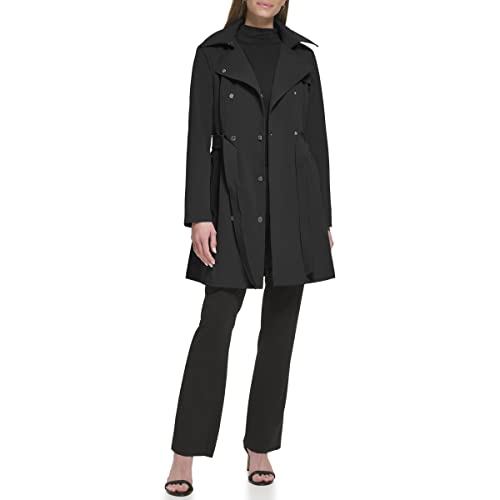 Calvin Klein Women's Double Breasted Belted Rain Jacket with Removable Hood, New Black, Large