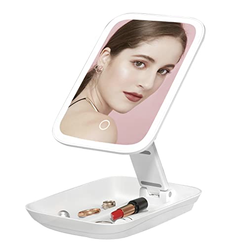 GonaFit Rechargeable Makeup Mirror with Lights - Foldable Travel Makeup Mirror - Touch Screen 3 Colors Dimmable LED Makeup Mirror - Portable Lighted Vanity Mirror - Cosmetic Mirror with Stand