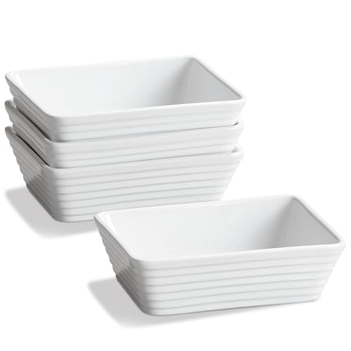 ONEMORE Ceramic Baking Dishes for Toaster Oven, Set of 4 - Small Rectangle Individual Casserole Dishes Perfect for Serving Lasagnas, and Storing - 5x7-inch Single Serving, Deep, Ribbed, Stylish, and Stackable - White