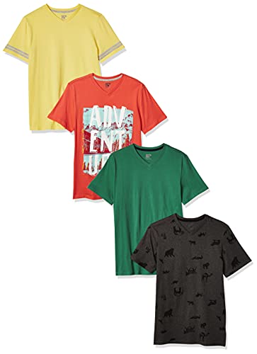 Amazon Essentials Boys' Short-Sleeve V-Neck T-Shirt Tops (Previously Spotted Zebra), Pack of 4, Jade Green/Pale Yellow/Charcoal, Animal, Medium