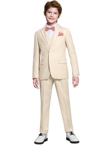 Marvelous World Boys Suits Beige Slim Fit Size 12 Formal Suits for Kids Toddler Tuxedos Dresswear Ring Bearer Outfit Boys Wedding Suits Set Dress Clothes Teen Youth 5-Piece Adjustable Waist