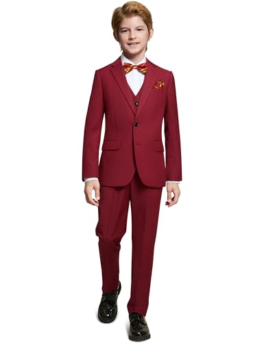 Marvelous World Boys Suits Burgundy Slim Fit Size 3 Formal Suits for Kids Toddler Tuxedos Dresswear Ring Bearer Outfit Boys Wedding Suits Set Dress Clothes Teen Youth 5-Piece Adjustable Waist