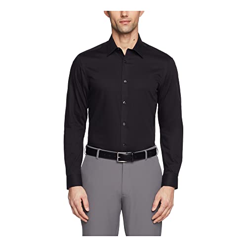 Calvin Klein Men's Slim Fit Non-Iron Herringbone Point Collar Dress Shirt, Black, 16' Neck 36'-37' Sleeve