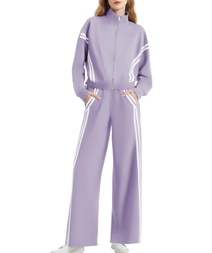 Casly Lamiit Womens Two Piece Outfits Dressy Casual Zip-Up Sweatshirt Stripe Sweatpants Matching Sets Airport Travel Jogger Lounge Wear Sweat Suit Light purple XL