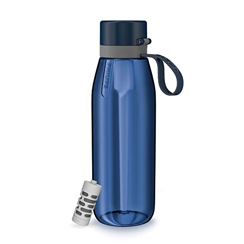 PHILIPS Filtered Water Bottle, BPA-Free Tritan Plastic Water Bottles, Replaces 450 Plastic Water Bottle with Reusable GoZero Everyday Water Filter, Portable Filtering Bottle for Travel, 36oz Navy Blue