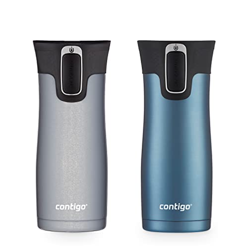 Contigo AUTOSEAL West Loop Vacuum-Insulated Stainless Steel Travel Mug with Easy-Clean Lid, 16oz., 2 Pack, Dark Ice, Gold Morel