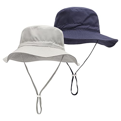 LAPI.ZAPI Baby Sun Hat Print Pattern Kids Boy Girls hat UPF 50+ Sun Protection Beach Bucket Hat Wide Brim (6-24 Months, 2pack Grey & Navy-Solid)