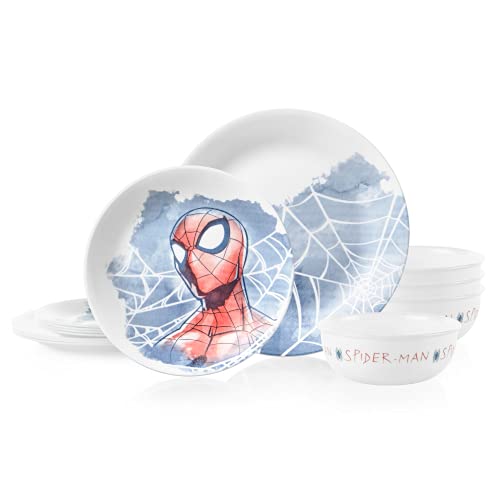 Corelle Vitrelle 12-Piece Dinnerware Set, Triple Layer Glass and Chip Resistant, Lightweight Round Plates and Bowls Set, Marvel's Spider-Man