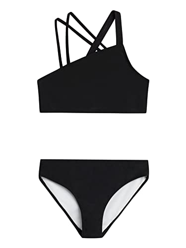 Kanu Surf Girls' Julia UPF 50+ Beach Sport Angle Bikini, Solid Black, 10