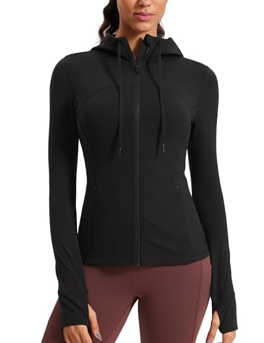 CRZ YOGA Butterluxe Womens Hooded Workout Jacket - Zip Up Athletic Running Jacket with Back Mesh Vent & Thumb Holes Black Small