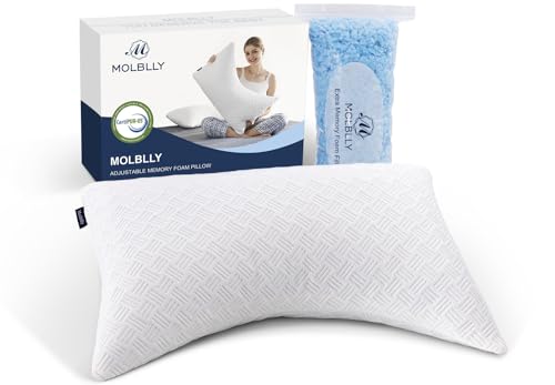 Molblly Pillow for Side and Back Sleepers, Adjustable Memory Foam Pillow, Suitable for Neck and Shoulder Pain, with Additional Foam Bag, Washable Hypoallergenic Cover, King Size Pillows (20x36in)