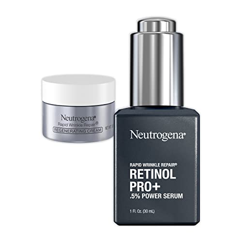 Neutrogena Anti-Aging Rapid Wrinkle Repair Retinol Regenerating Cream, 0.5 Oz Mini, & Neutrogena Anti-Aging Rapid Wrinkle Repair Retinol Pro+ 0.5% Power Serum, Travel Size 1 Fl. Oz