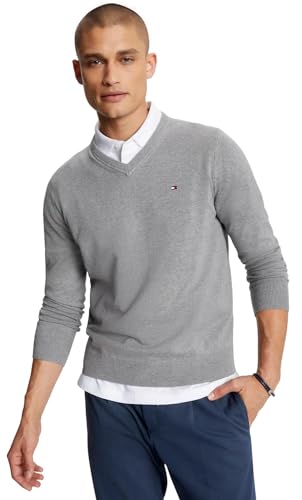 Tommy Hilfiger Men's Cotton V Neck Sweater, GreyHtr, M