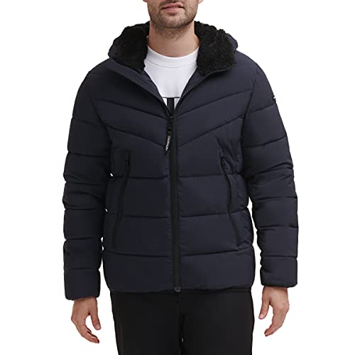 Calvin Klein Men's Winter Coat - Puffer Stretch Jacket With Sherpa Hood, True Navy, Medium