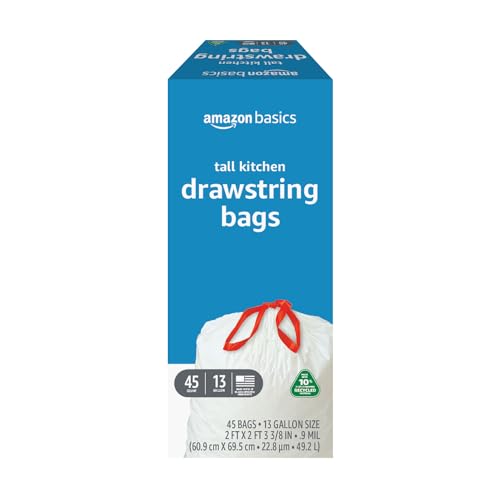 Amazon Basics - Tall Kitchen Trash Bags, 13 Gallon, 10% Post Consumer Recycled Content, Unscented, 45 Count, Pack of 1