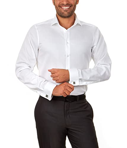 Calvin Klein Men's Non Iron Slim Fit Herringbone French Cuff Dress Shirt, White, 17.5' Neck 34'-35' Sleeve