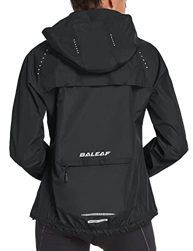 BALEAF Women's Rain Jackets Waterproof Windbreaker Windproof Lightweight Running Cycling Jackets Reflective Packable Hooded Black M