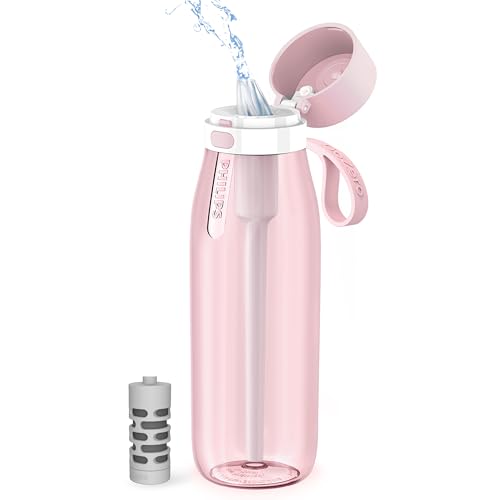 PHILIPS Filtered Water Bottle, BPA-Free Tritan Plastic Water Bottles, Replaces 450 Plastic Water Bottle with Reusable GoZero Everyday Water Filter, Portable Filtering Bottle for Travel, 36oz, Pink