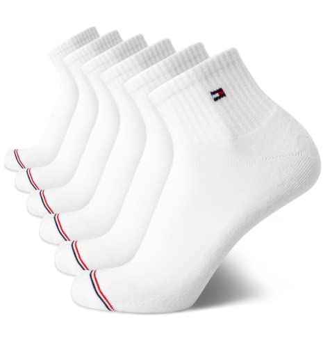 Tommy Hilfiger Men's Quarter Socks - 6 Pack Cushioned Men's Athletic Ankle Socks - Breathable Sports Socks for Men (7-12), Size 7-12, White Stripe