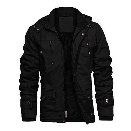 CHEXPEL Hooded Winter Jackets for Men Thick Military Jackets Thicken Casual Zip Out Coat Outerwear with Snap Pockets Black S