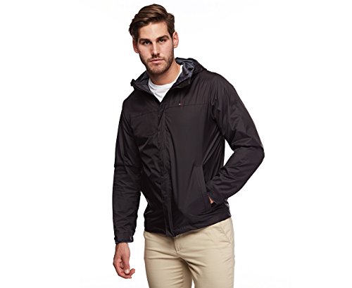 Tommy Hilfiger Men's Lightweight Breathable Waterproof Hooded Jacket, Black, Large