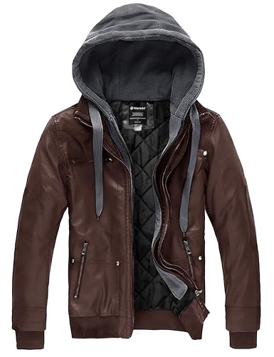 wantdo Men's PU Leather Jacket with Hood Motorcycle Coat Dark Coffee M(Thick)