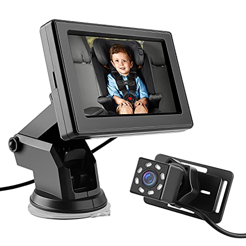 Baby Car Rear Mirror Camera, BackSeat Infant Car Camera with HD Night Vision 4.3 inches HD Mirror Display, Reusable Sucker Bracket, Upgraded 360 Degree Rotating Camera, Easily Watch Baby’s Move in Car