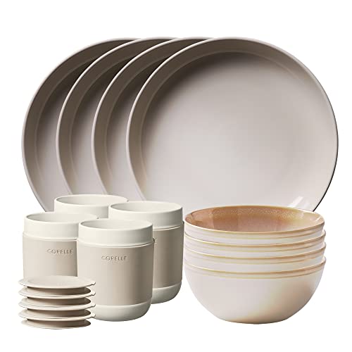 Corelle Stoneware 16-Pc Dinnerware Set, Handcrafted Artisanal Double Bead Plates, Meal Bowls, Bowls and Tumblers, Solid and Reactive Glazes, Dining Plate Set, Oatmeal