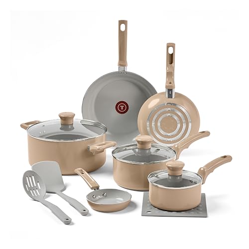 T-fal Refresh Ceramic, Ceramic Non Stick Cookware Set 12 Piece, Oven Broiler Safe 350F, Kitchen Cooking Set w/Egg Pan, Fry Pans, Saucepans, Dutch Oven & Kitchen Utensils, Pots and Pans Set, Sand Dune