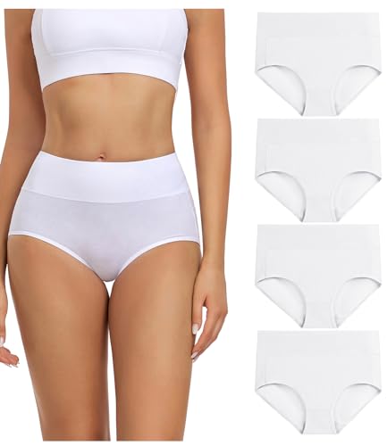 wirarpa Women's Cotton Underwear Panties High Waisted Full Briefs 4 Pack Ladies No Muffin Underpants White Small