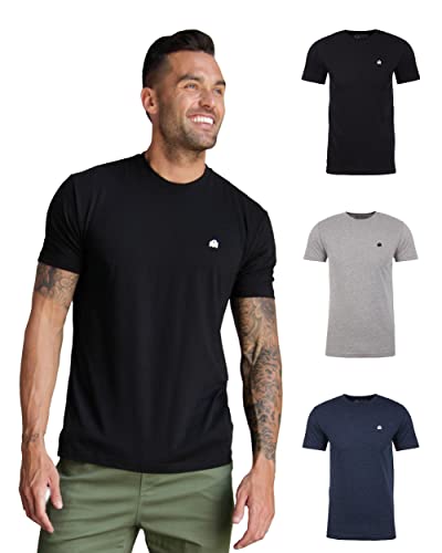 INTO THE AM Men's Fitted Crew Neck Logo Basic Tees 3-Pack - Modern Fit Fresh Classic Short Sleeve T-Shirts for Men (Black/Grey/Navy, Medium)