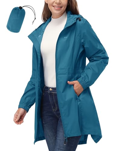 33,000ft Women's Waterproof Long Rain Coats Packable Rain Jacket with Hood Trench Coats Windbreaker